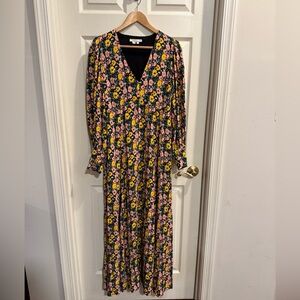 Boden Black Maxi Dress with Pink & Yellow Floral Print